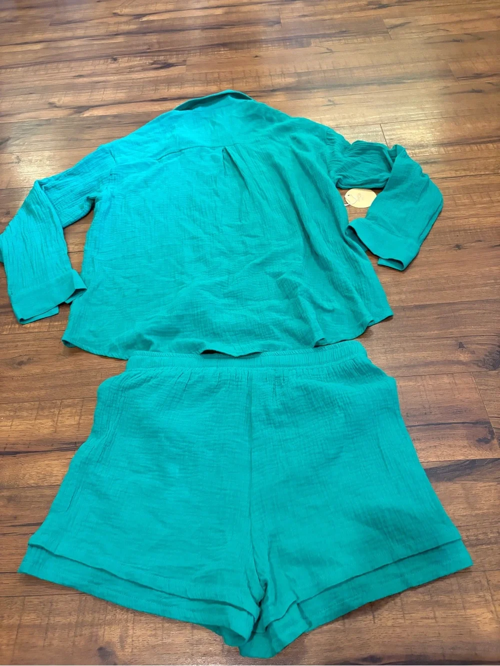 2 Peice Matching Set Gauze Kelly Button Up Shirt Shorts Textured Oversize Large